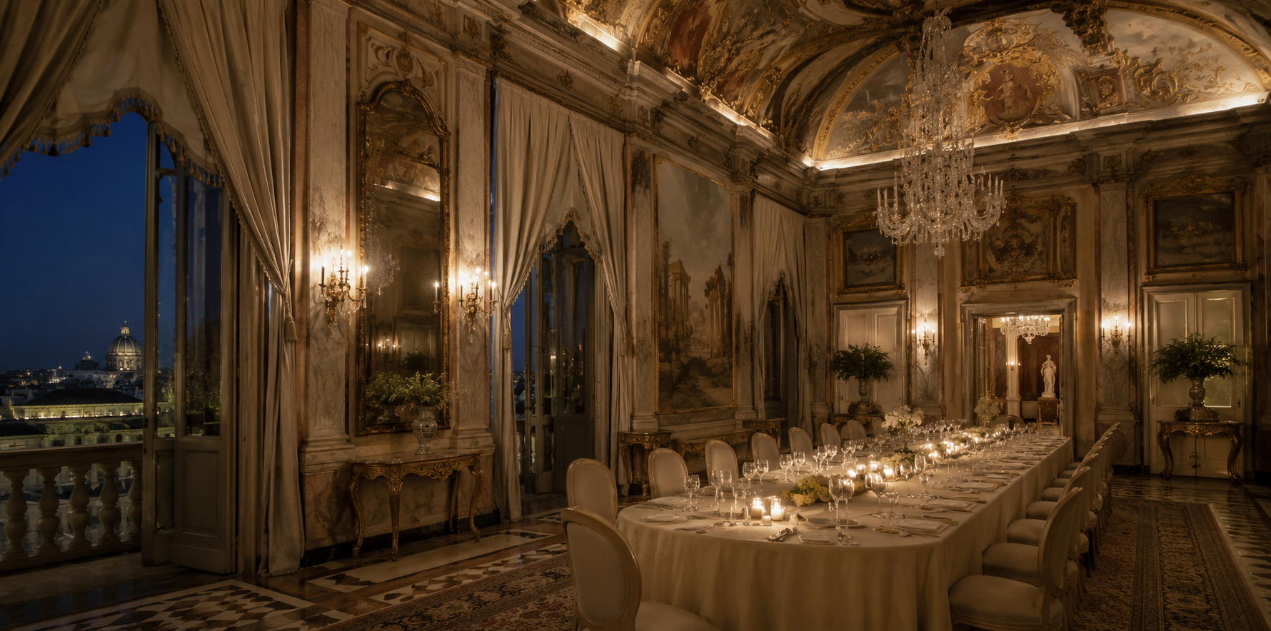 Candlelit dinner in a frescoed Roman palazzo salon overlooking the dome of Sant'Andrea della Valle at dusk
